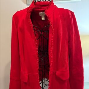 Chico’s Red Blazer Jacket with Ruffle Trim. Size 12/14
